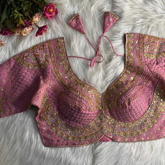 Pink Heavy Embroidered Designer Blouse for Sequin & Mirror Work