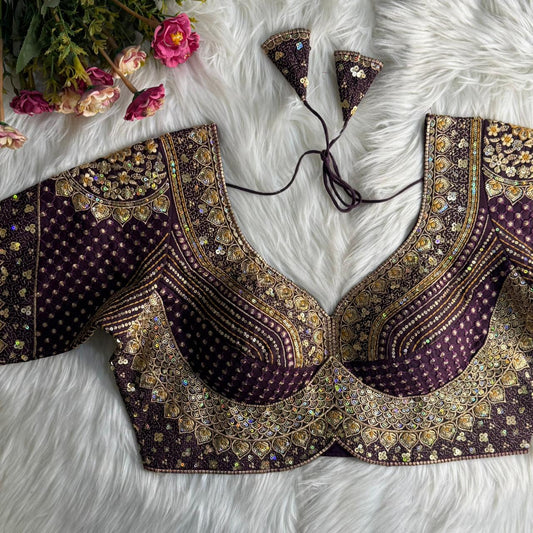 Wine Heavy Embroidery Blouse with Thread & Jari Work