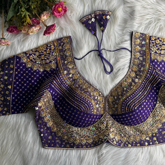 Regal Purple Silk Blouse with Heavy Gold Sequin and Zari Embroidery