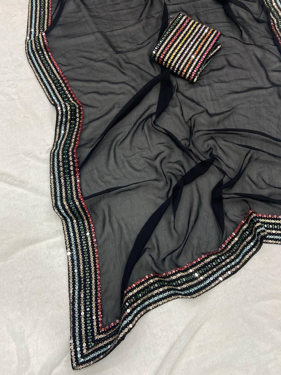 Elegant Black Georgette Saree with Multi color Embroidered Blouse