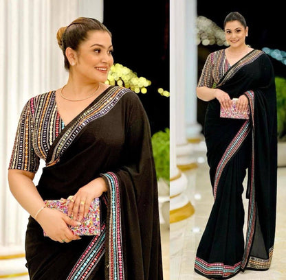 Elegant Black Georgette Saree with Multi color Embroidered Blouse