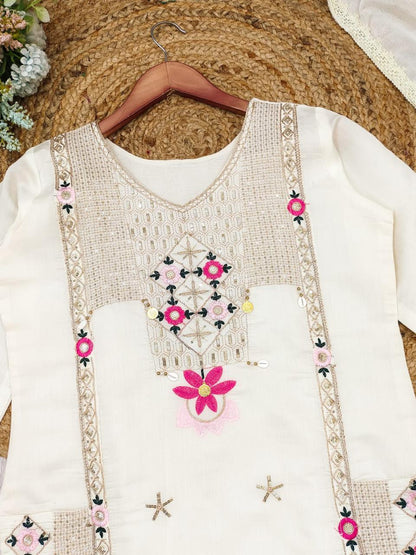 Luxury Roman Silk Suit with Patch Print & Cowry Embroidery