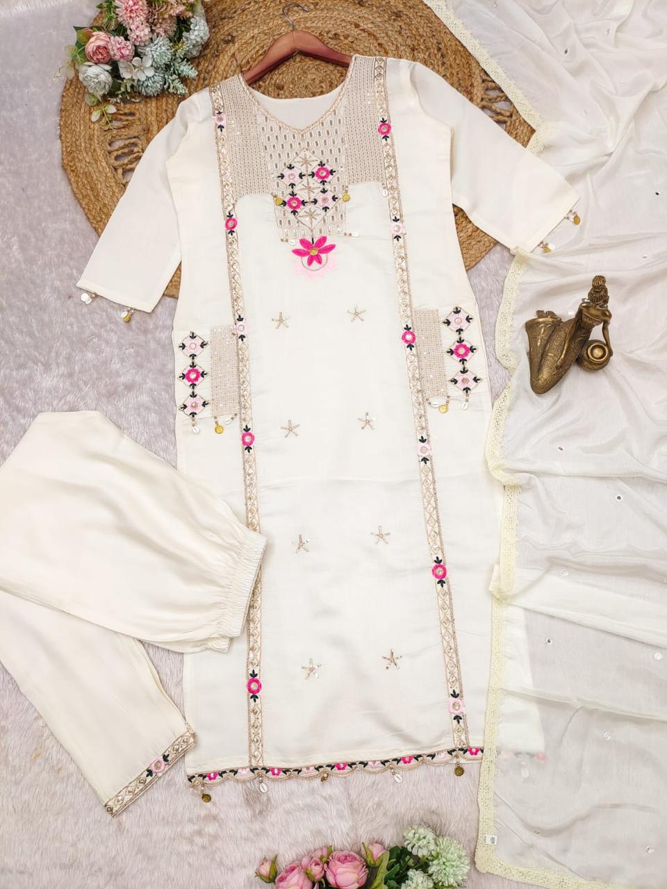 Luxury Roman Silk Suit with Patch Print & Cowry Embroidery
