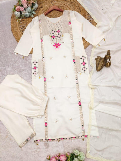 Luxury Roman Silk Suit with Patch Print & Cowry Embroidery