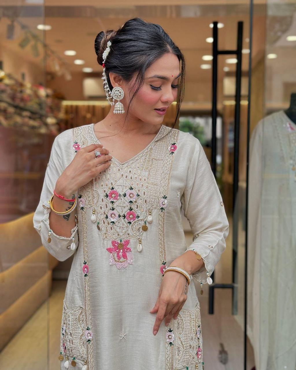 Luxury Roman Silk Suit with Patch Print & Cowry Embroidery