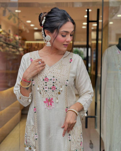 Luxury Roman Silk Suit with Patch Print & Cowry Embroidery