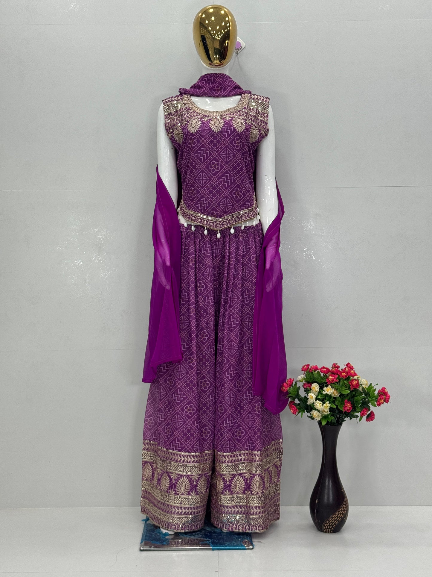 Designer Faux Georgette Palazzo Set with Sequence & Kodi Lace Work