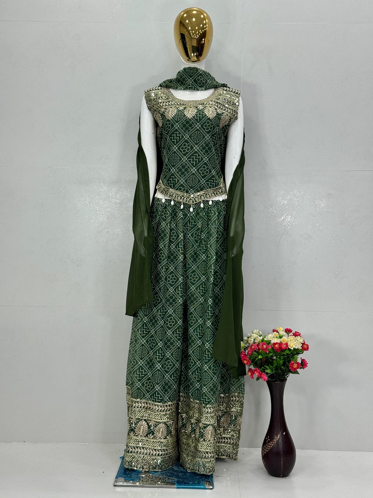 Elegant Printed Faux Georgette Suit with Embroidered Sequence & Palazzo