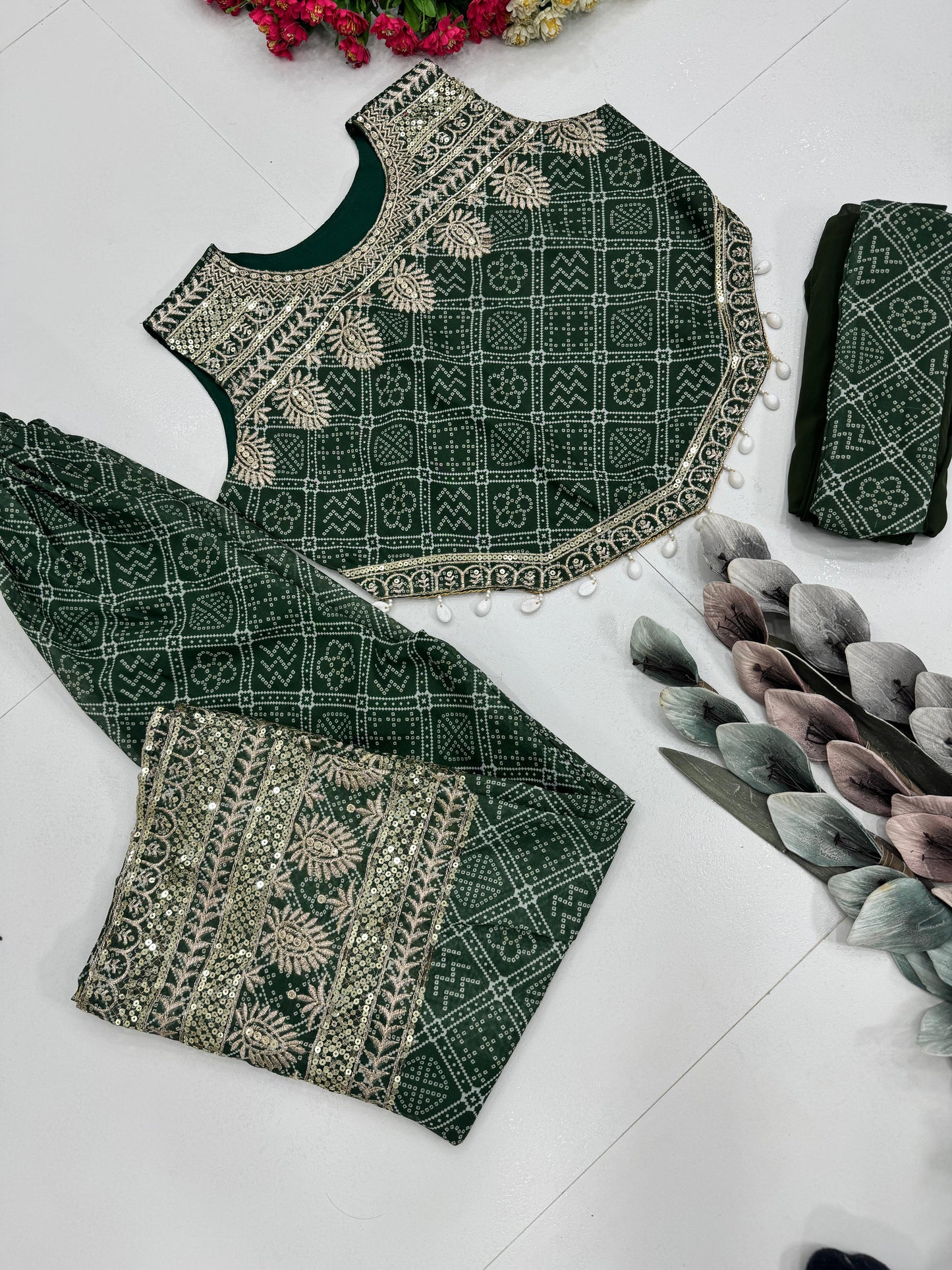 Elegant Printed Faux Georgette Suit with Embroidered Sequence & Palazzo