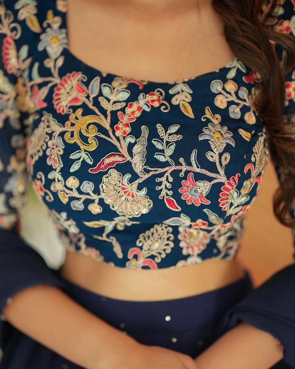 Designer Navy Blue Georgette Layered Lehenga with Embroidered Blouse