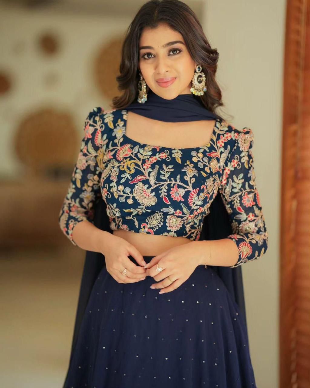 Designer Navy Blue Georgette Layered Lehenga with Embroidered Blouse
