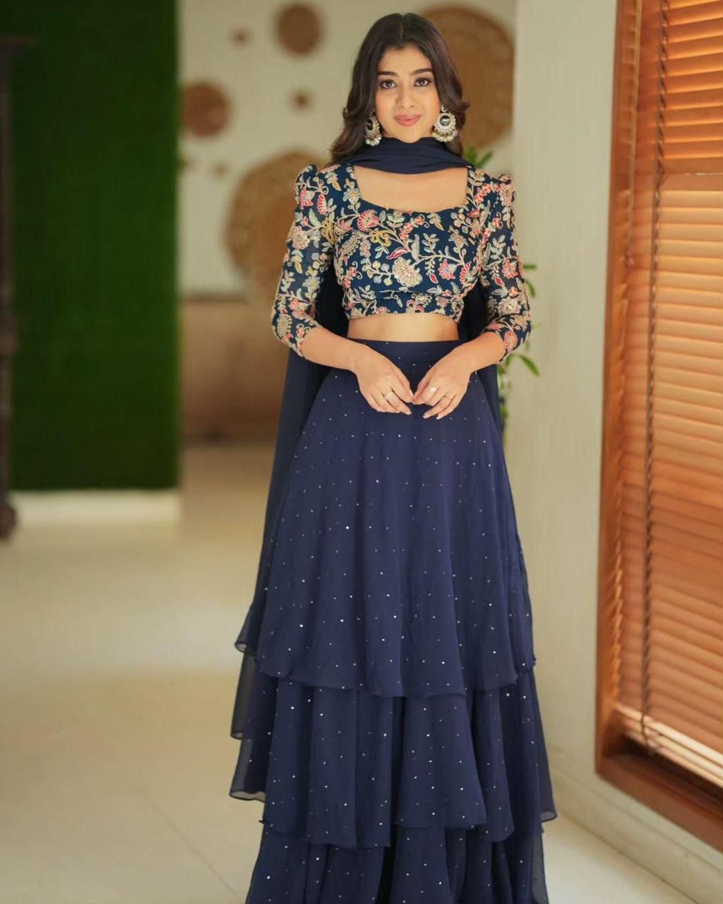 Designer Navy Blue Georgette Layered Lehenga with Embroidered Blouse