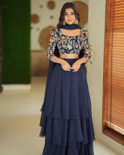Designer Navy Blue Georgette Layered Lehenga with Embroidered Blouse