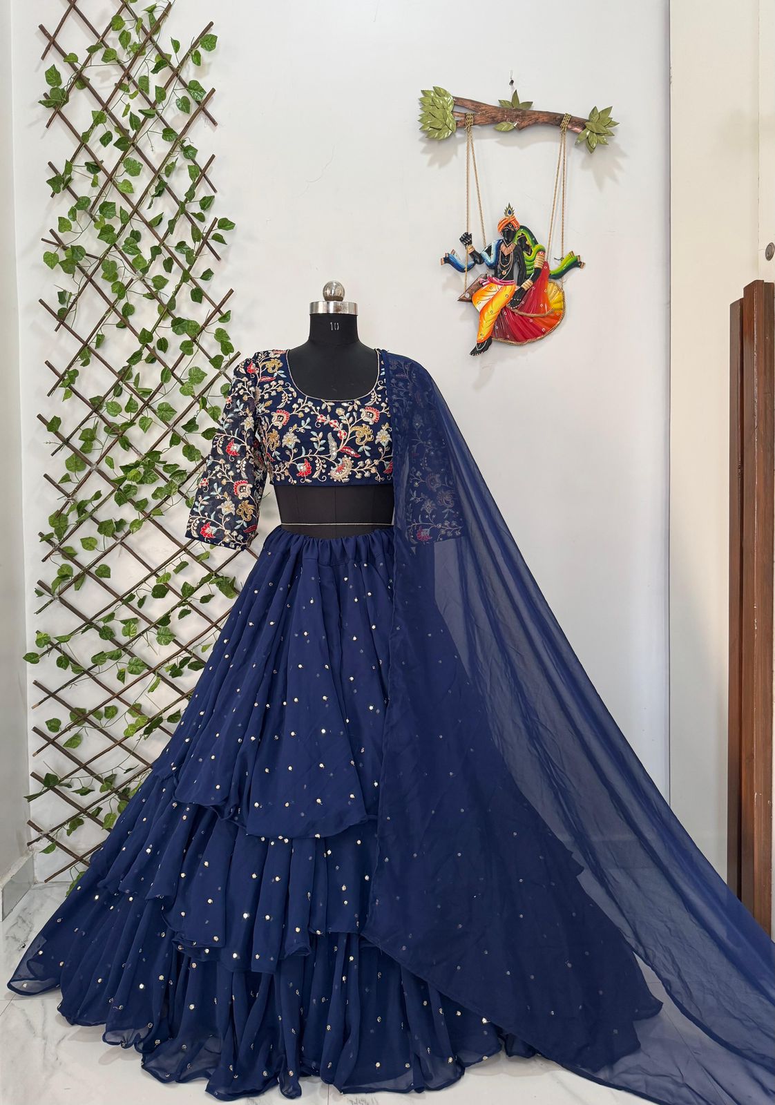 Designer Navy Blue Georgette Layered Lehenga with Embroidered Blouse