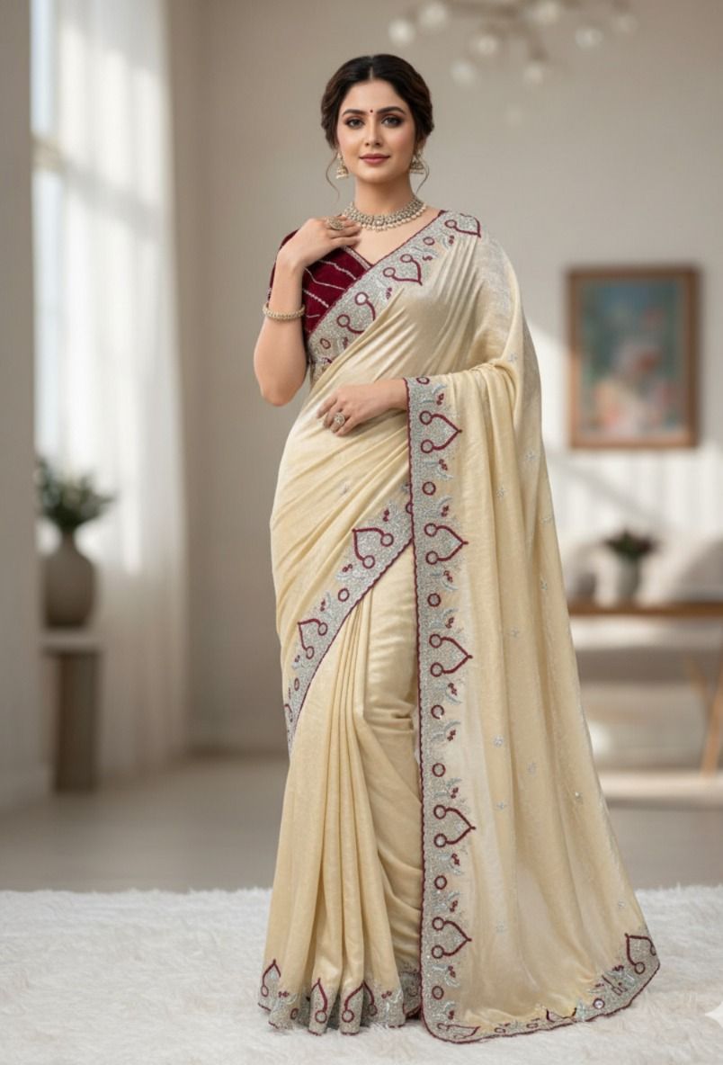 Off White Space Silk Saree With Maroon Blouse