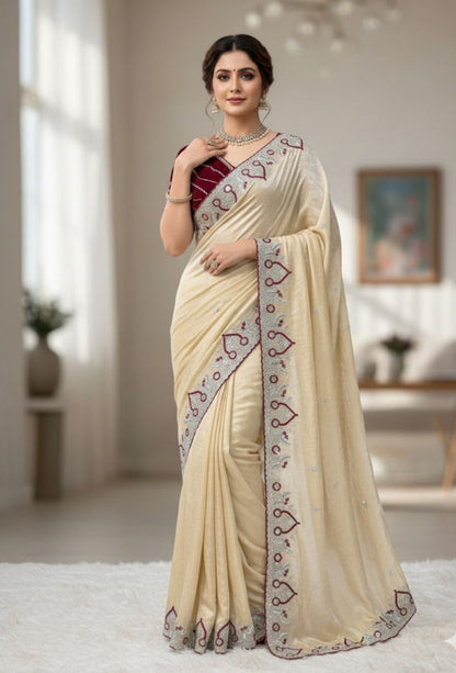 Off White Space Silk Saree With Maroon Blouse