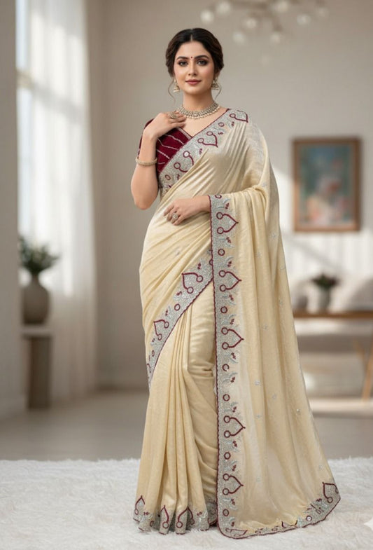 Off White Space Silk Saree With Maroon Blouse