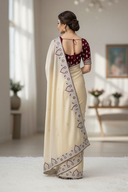 Off White Space Silk Saree With Maroon Blouse