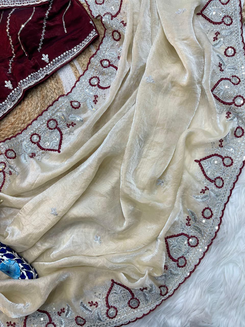 Off White Space Silk Saree With Maroon Blouse