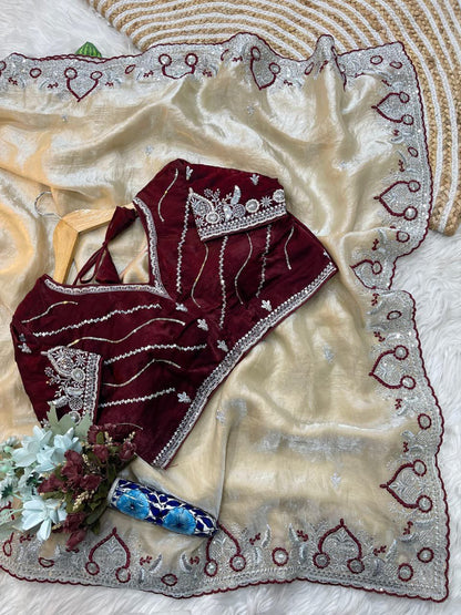 Off White Space Silk Saree With Maroon Blouse