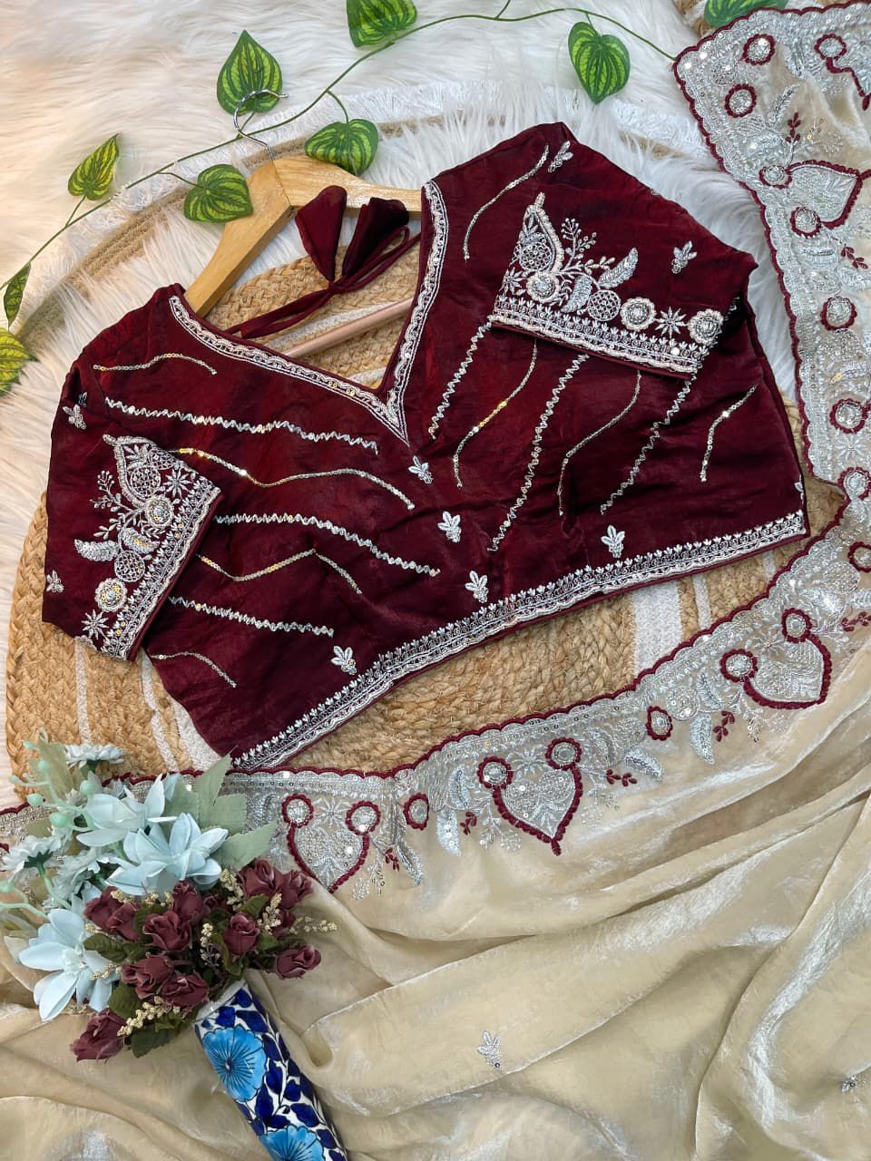 Off White Space Silk Saree With Maroon Blouse