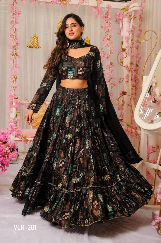 Elegant Black Floral Printed Crop Top Lehenga with Duppta