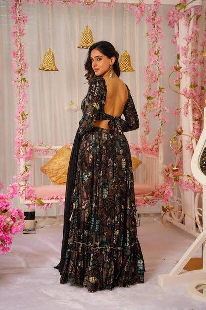 Elegant Black Floral Printed Crop Top Lehenga with Duppta