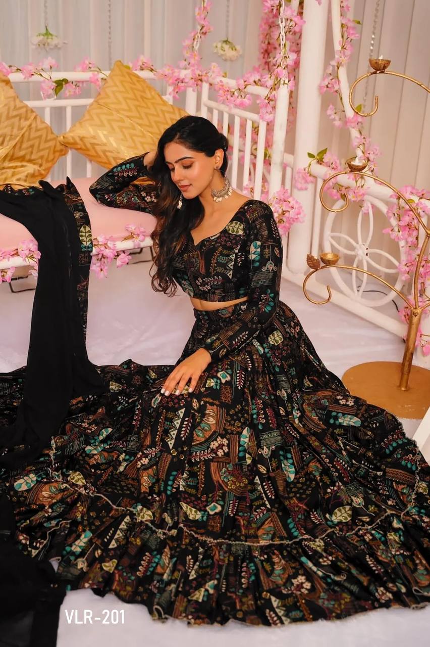 Elegant Black Floral Printed Crop Top Lehenga with Duppta