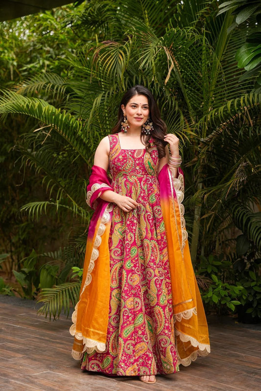Stunning Pink Printed Anarkali Gown
