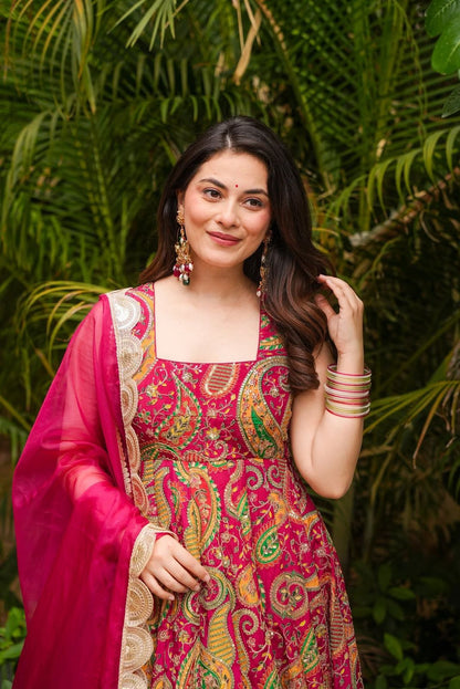 Stunning Pink Printed Anarkali Gown