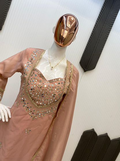 Elegant Peach Mirror Work Palazzo Suit with Dupatta