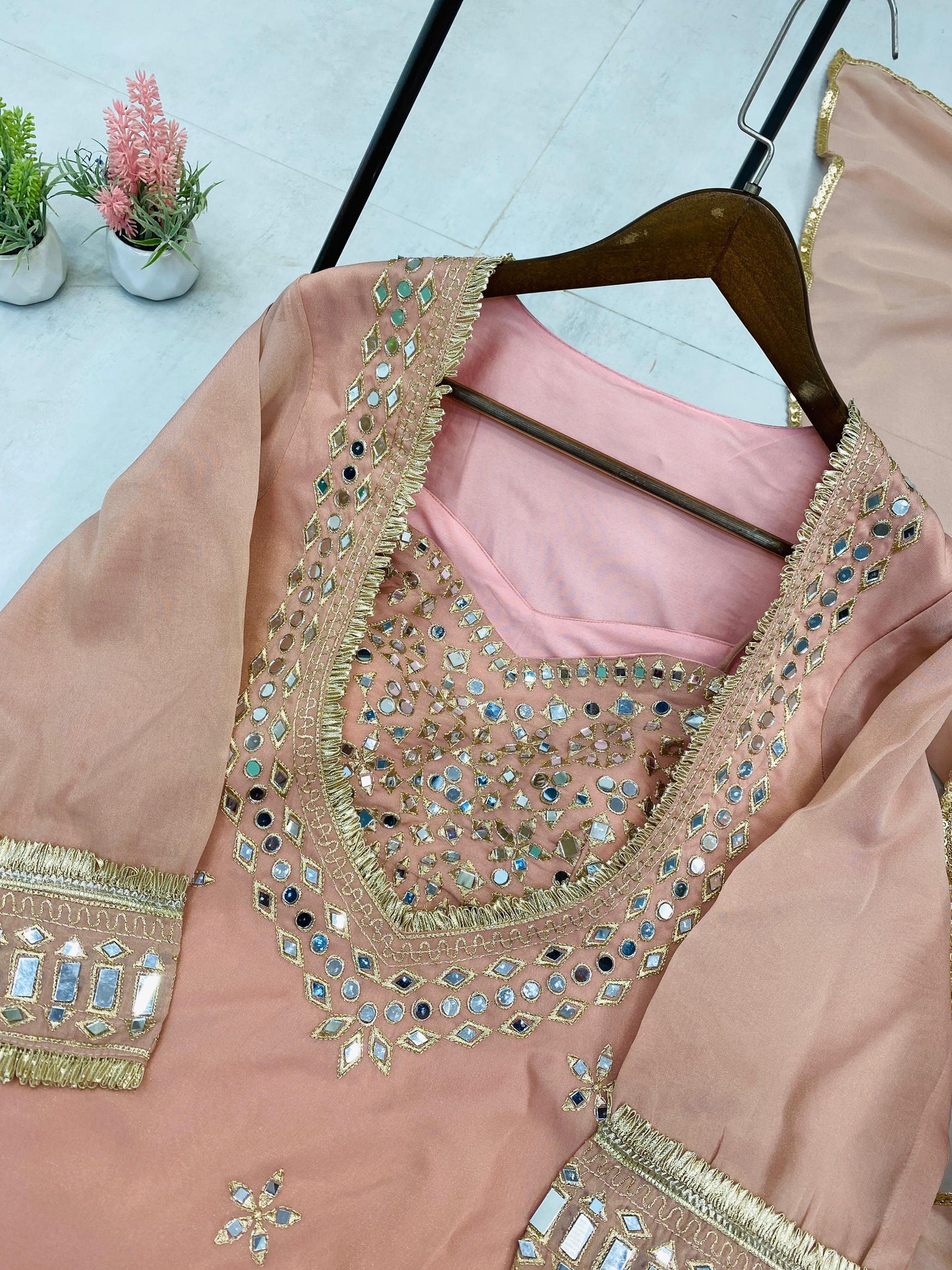 Elegant Peach Mirror Work Palazzo Suit with Dupatta