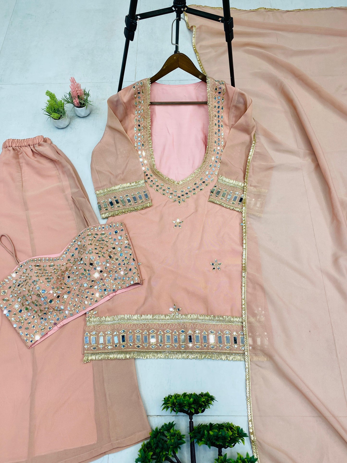 Elegant Peach Mirror Work Palazzo Suit with Dupatta