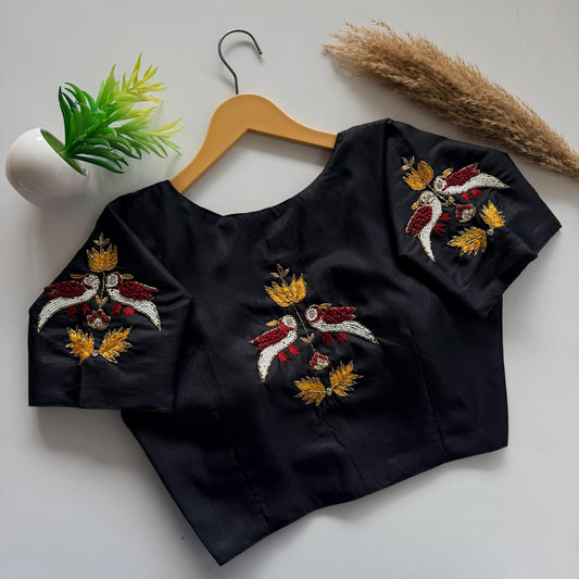 Embroidered Birds & Blossoms on Luxe Fabric Black Blouse