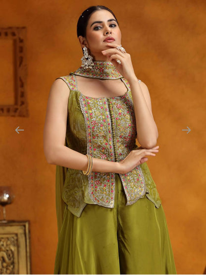 Olive Green Chinon Palazzo Set with Embroidered Top & Dupatta