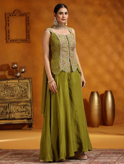 Olive Green Chinon Palazzo Set with Embroidered Top & Dupatta