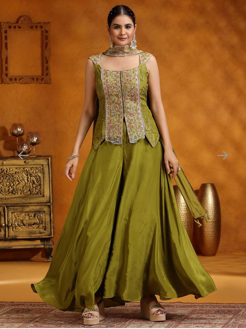 Olive Green Chinon Palazzo Set with Embroidered Top & Dupatta