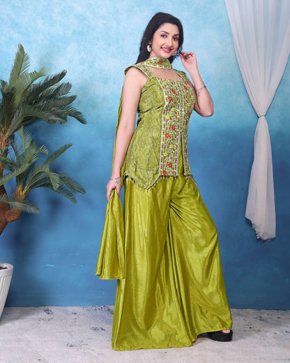 Olive Green Chinon Palazzo Set with Embroidered Top & Dupatta
