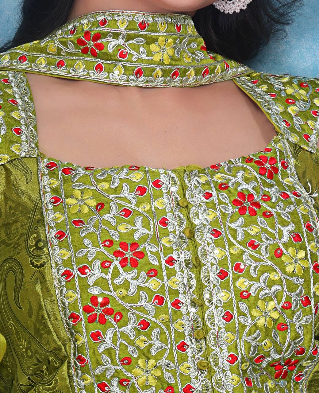 Olive Green Chinon Palazzo Set with Embroidered Top & Dupatta