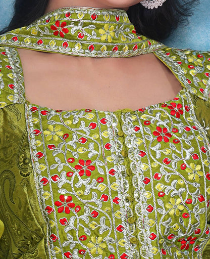 Olive Green Chinon Palazzo Set with Embroidered Top & Dupatta