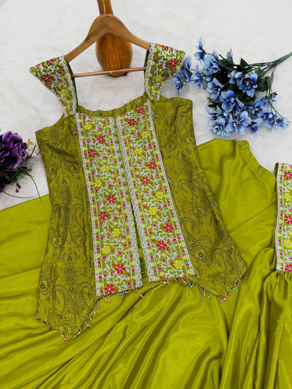 Olive Green Chinon Palazzo Set with Embroidered Top & Dupatta