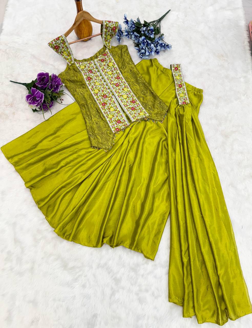 Olive Green Chinon Palazzo Set with Embroidered Top & Dupatta