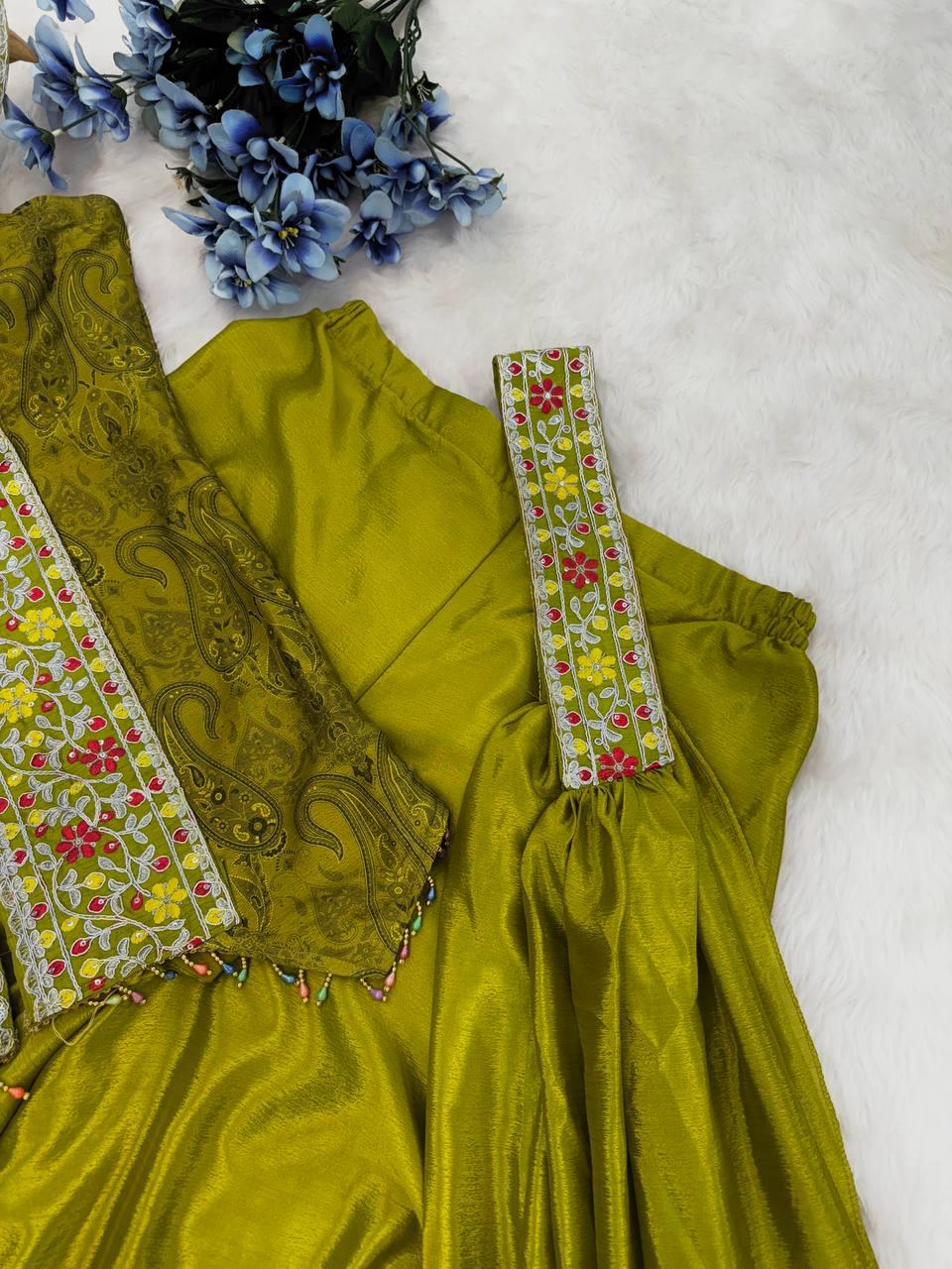 Olive Green Chinon Palazzo Set with Embroidered Top & Dupatta