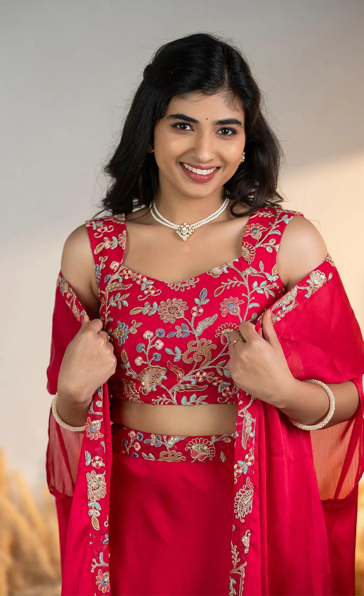 Stunning Red Embroidered Lehenga Set with Elegant Cape Dupatta