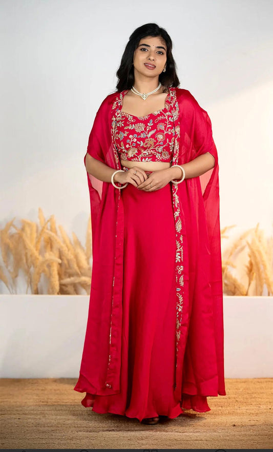 Stunning Red Embroidered Lehenga Set with Elegant Cape Dupatta