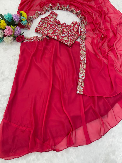Stunning Red Embroidered Lehenga Set with Elegant Cape Dupatta