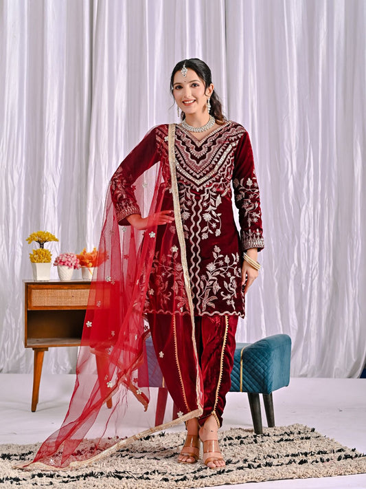Heavy Velvet Dhoti Suit with Multi-Needle Sequence Embroidery