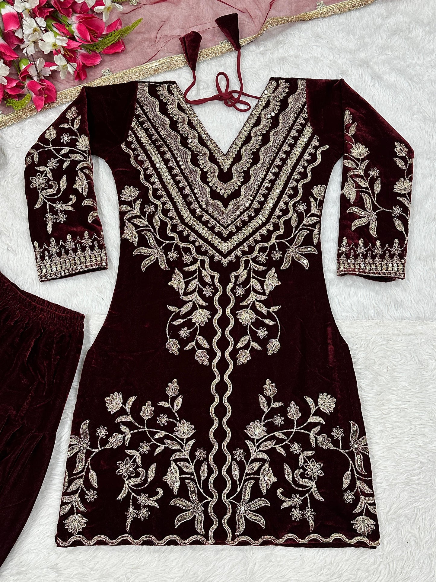 Heavy Velvet Dhoti Suit with Multi-Needle Sequence Embroidery