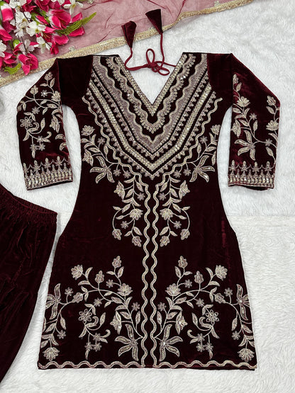 Heavy Velvet Dhoti Suit with Multi-Needle Sequence Embroidery