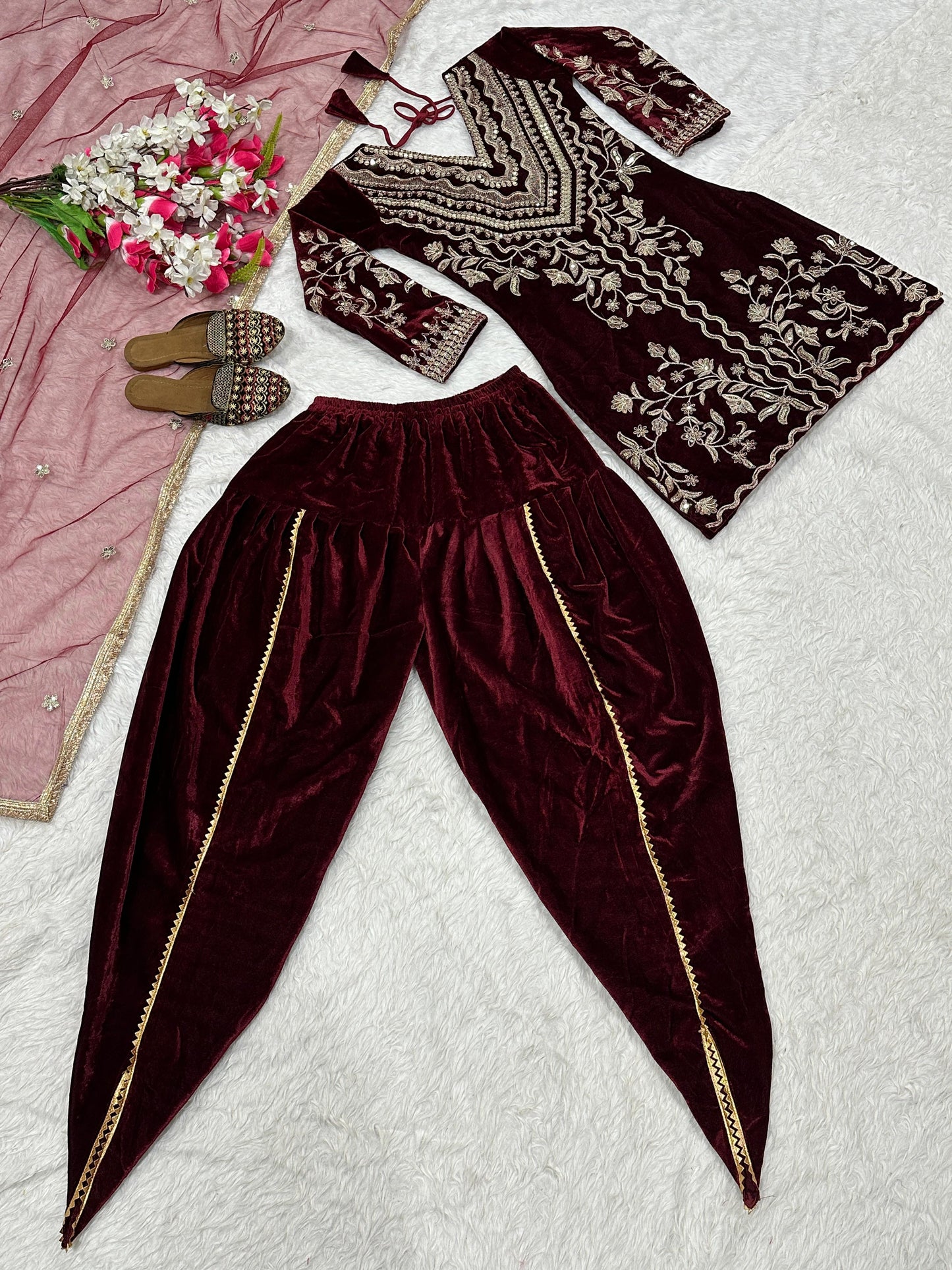 Heavy Velvet Dhoti Suit with Multi-Needle Sequence Embroidery